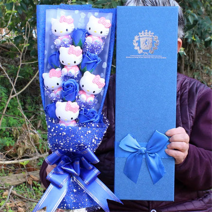 Hello Kitty Sanrio Bouquet Flower Model Cartoon Kawaii Soap Stuffed Doll Gift Box for Women 6 Soap Rose Valentine's Day Gifts Toy blue