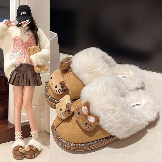 Warm Hello Kitty Home Shoes with Thick Sole for Women