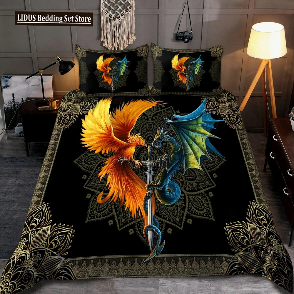 Dragon And Phoenix Duvet Cover Set Full Queen Size, Fantasy World Monster Gothic Bedding Sets Bohemian Mandala Comforter Cover Lusy Store