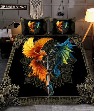 Dragon And Phoenix Duvet Cover Set Full Queen Size, Fantasy World Monster Gothic Bedding Sets Bohemian Mandala Comforter Cover Lusy Store