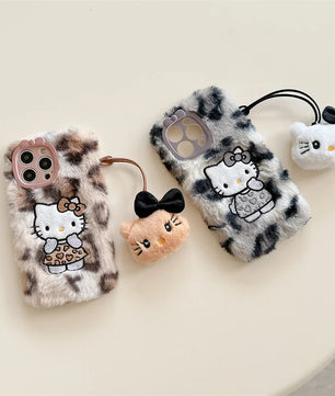 Lusy Store Luxury winter fluffy hand warmer Plush Leopard Hello Kitty phone case for iPhone 16 15 14 13Pro Max Cartoon KT Furry Wrist Strap 
