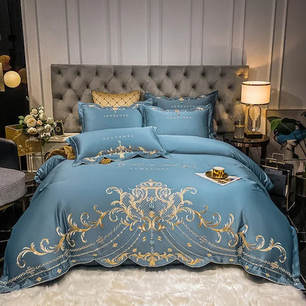 Egyptian Cotton Bedding Set Golden Embroidery Home Textiles Super Soft Bed Duvet Sheet Set King Queen Size Chic Stitch Linen 이불 Lusy Store