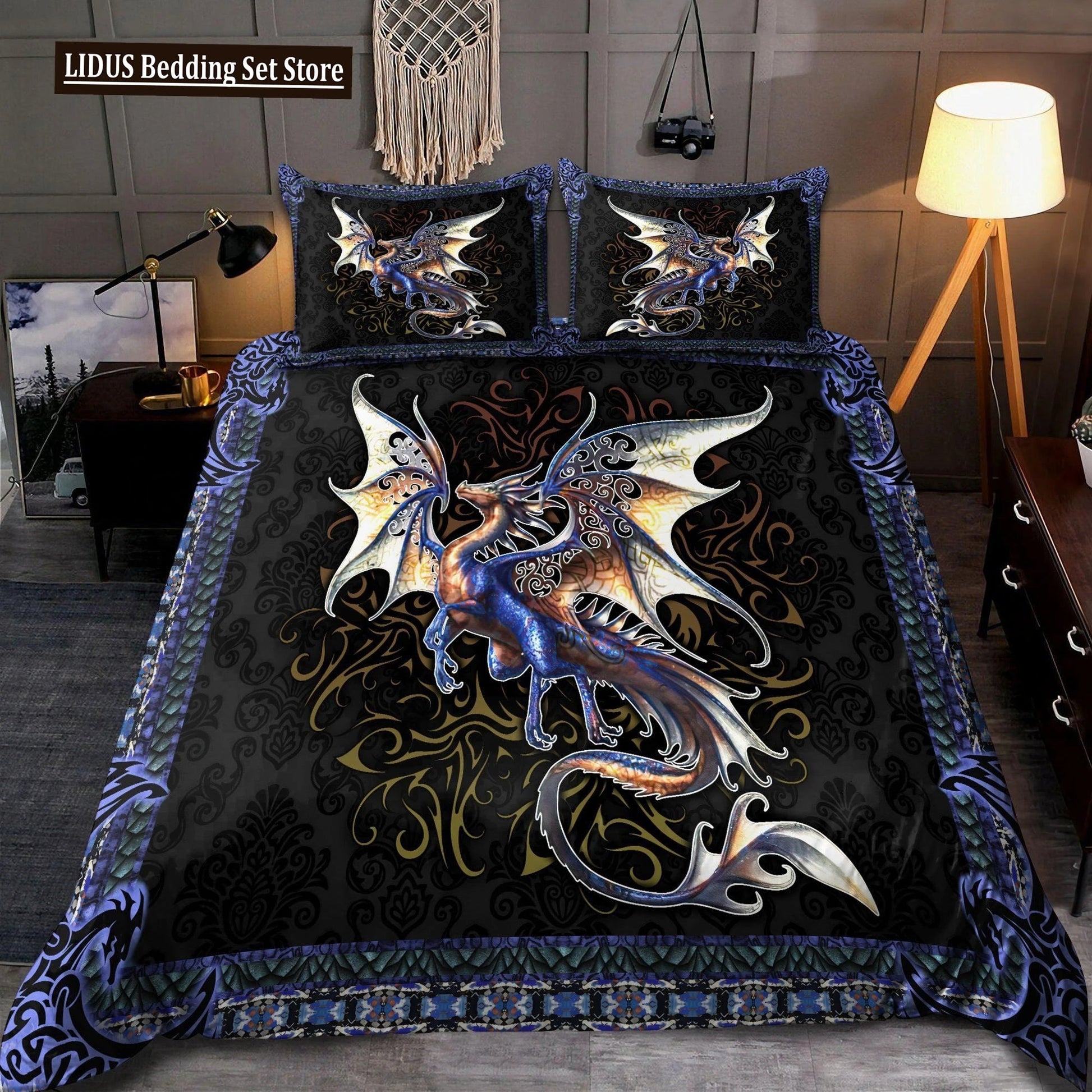 Dragon And Phoenix Duvet Cover Set Full Queen Size, Fantasy World Monster Gothic Bedding Sets Bohemian Mandala Comforter Cover Lusy Store