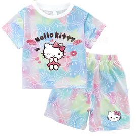 Hello Kitty Sets Summer Breathable Soft Children Clothes Baby Girls Cute Cartoon Short Sleeve Thin Two Piece Suit Gift KT1170Y-KT906K