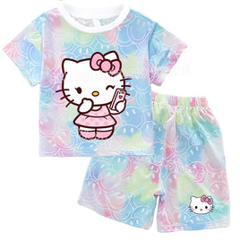 Hello Kitty Sets Summer Breathable Soft Children Clothes Baby Girls Cute Cartoon Short Sleeve Thin Two Piece Suit Gift KT901Y-KT906K
