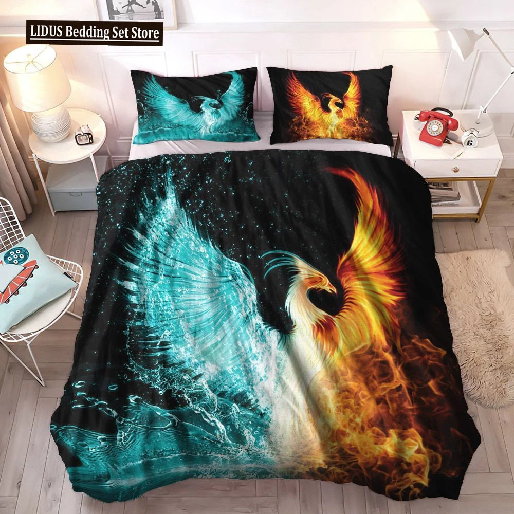 Dragon And Phoenix Duvet Cover Set Full Queen Size, Fantasy World Monster Gothic Bedding Sets Bohemian Mandala Comforter Cover Lusy Store