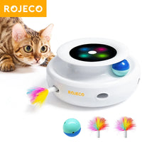 ROJECO 2 in 1 Smart Cat Toys Automatic Feather Fun Ball Toy Set For Cat Dog 5 Modes Electronic Interactive Pet Toy Accessories White