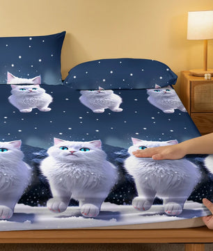Lusy Store 1 piece of blue eyed white cat patterned matte bedsheet, bedroom printed bedspread, bedding (excluding pillowcases) 