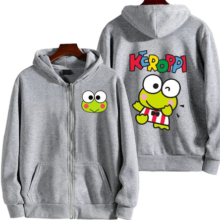 Men Zip Up Hoodie Keroppi White Cartoon Anime Sweatshirt for Couples Gray