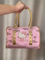 New Hello Kitty Handbag Zipper PU Printed Women's Shoulder Bag Retro Embroidered Pink Autumn Large Capacity Crossbody Bag