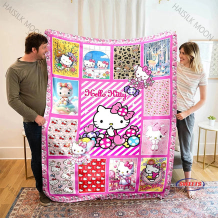 Multi-grid Sanrio Hello Kitty in Flowers Blanket, Home Office Nap RV Blanket for Four Seasons, Machine Washable Flannel Blankets Style J