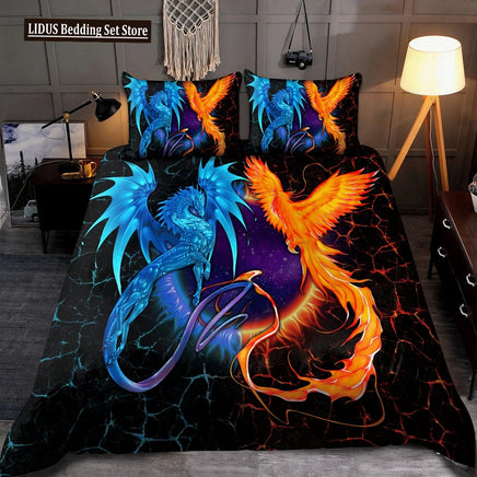 Dragon And Phoenix Duvet Cover Set Full Queen Size, Fantasy World Monster Gothic Bedding Sets Bohemian Mandala Comforter Cover