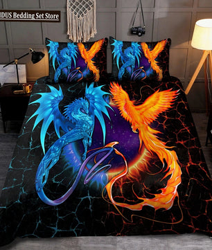 Dragon And Phoenix Duvet Cover Set Full Queen Size, Fantasy World Monster Gothic Bedding Sets Bohemian Mandala Comforter Cover Lusy Store