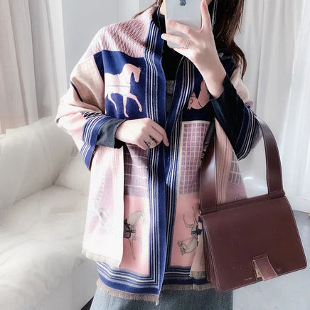 Throw Blanket Luxury Winter Cashmere Scarf Women Design Warm Blanket Horse Scarves Female Shawl Wraps Poncho Feminino Inverno Lusy Store