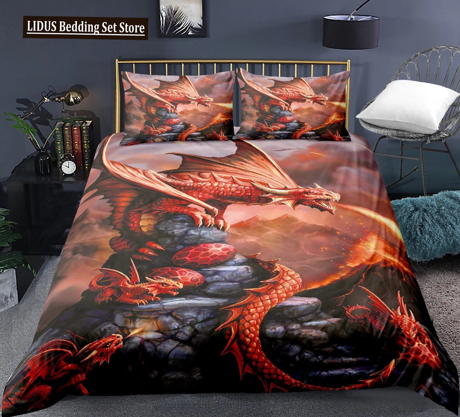 Dragon And Phoenix Duvet Cover Set Full Queen Size, Fantasy World Monster Gothic Bedding Sets Bohemian Mandala Comforter Cover Lusy Store