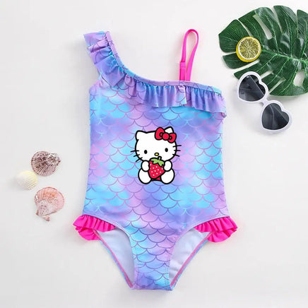 Hello Kitty Girls Swimsuit Mermaid Fish Scale One-Piece Bathing Suits Children's Dresses Kids Wear Summer Swimwear Beach Suit 009
