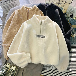 Lusy Store LLC Women Stand Neck Fleece Cropped Hoodies Letter Embroidery Long Sleeve Drawstring Sweatshirt Elegant Plush Velvet Tops Hoodie