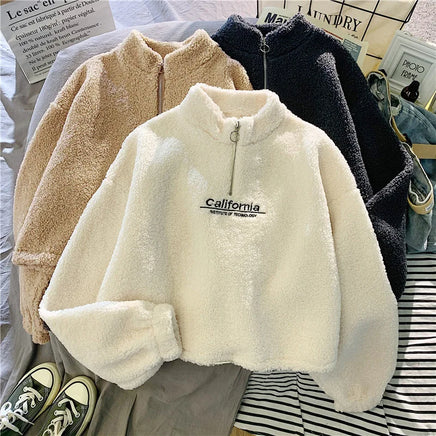 Lusy Store LLC Women Stand Neck Fleece Cropped Hoodies Letter Embroidery Long Sleeve Drawstring Sweatshirt Elegant Plush Velvet Tops Hoodie