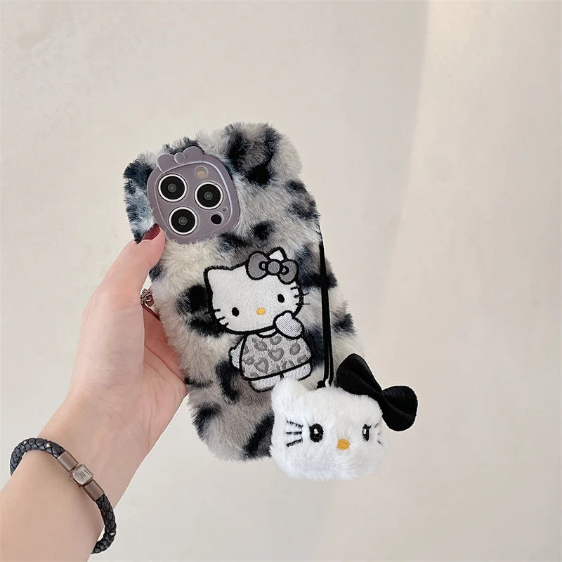Lusy Store Luxury winter fluffy hand warmer Plush Leopard Hello Kitty phone case for iPhone 16 15 14 13Pro Max Cartoon KT Furry Wrist Strap 