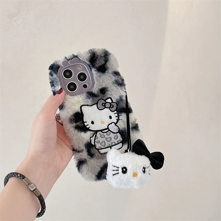 Luxury Hello Kitty Leopard Plush Phone Case for iPhone 16, 15, 14, 13 Pro Max