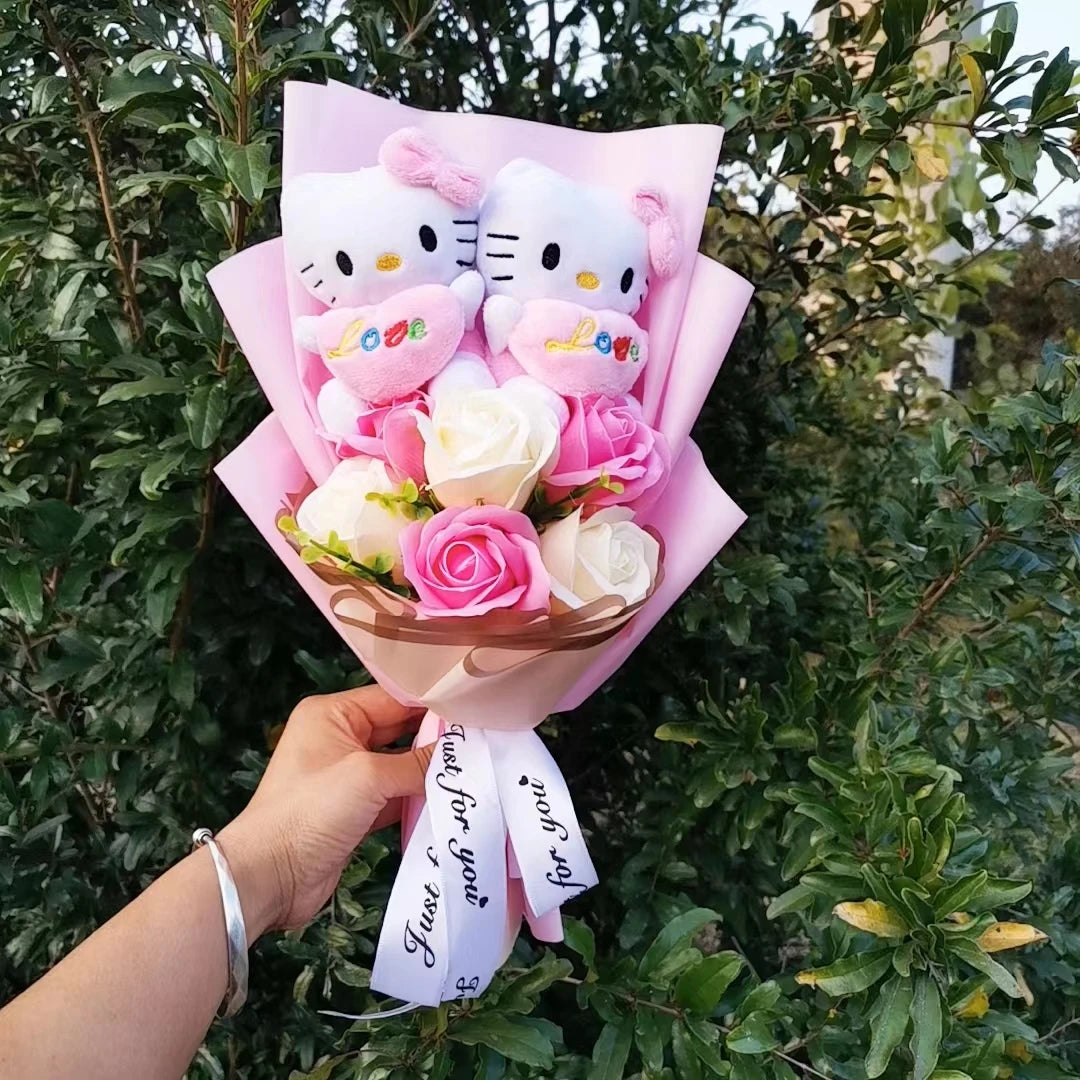 Lusy Store LLC Hello Kitty Plush Bouquet Rose Soap Flowers Wedding Party Decoration Christmas Valentine's Day Gift Bouquet