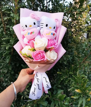 Lusy Store LLC Hello Kitty Plush Bouquet Rose Soap Flowers Wedding Party Decoration Christmas Valentine's Day Gift Bouquet