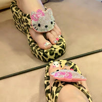 New Sanrio Hello Kitty Thick-soled Flip-flops, High-looking Leopard Print Outer Beach Shoes, Beach Flip-flops To Increase Height Lusy Store