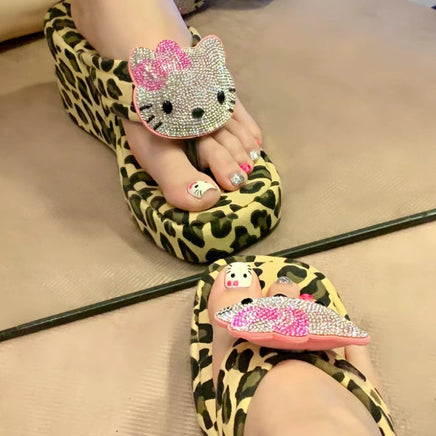 New Sanrio Hello Kitty Thick-soled Flip-flops, High-looking Leopard Print Outer Beach Shoes, Beach Flip-flops To Increase Height Lusy Store
