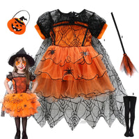 2-7Y Halloween Witch Cosplay Party Dress Cute Spider Mesh Cape Clothes Halloween Costumes for Baby Carnival Party Gifts set4