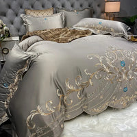 Egyptian Cotton Bedding Set Golden Embroidery Home Textiles Super Soft Bed Duvet Sheet Set King Queen Size Chic Stitch Linen 이불 Lusy Store