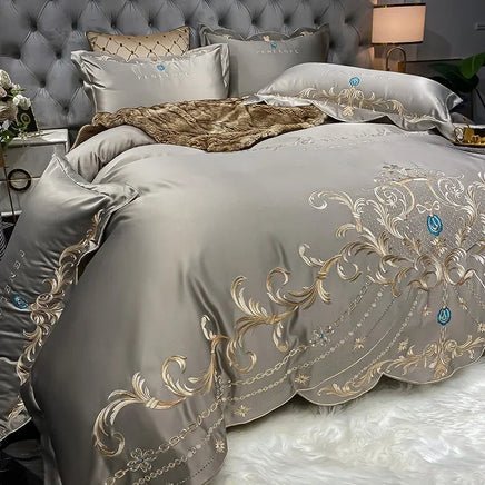 Egyptian Cotton Bedding Set Golden Embroidery Home Textiles Super Soft Bed Duvet Sheet Set King Queen Size Chic Stitch Linen 이불 Lusy Store