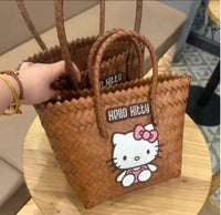 Sanrio Hello Kitty Cartoon Cute Woven Handbag Creative Kawaii Girls' Storage Bag Holiday Travel Beach Bag Gift Wholesale