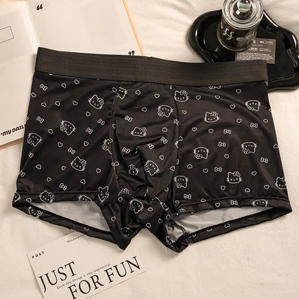 Men Hello Kitty Underwear Kawaii Student Cartoon Ice Silk No Trace Summer Printing Loose Four Corners Boxer Pants Briefs Gift 1
