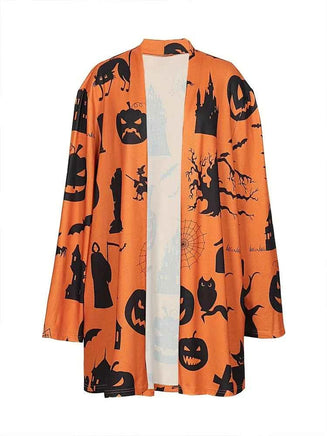 plus Size Women's Halloween Costume Pumpkin Graphic Cardigan Pullover Open Front Button Sweater Outerwear for Autumn