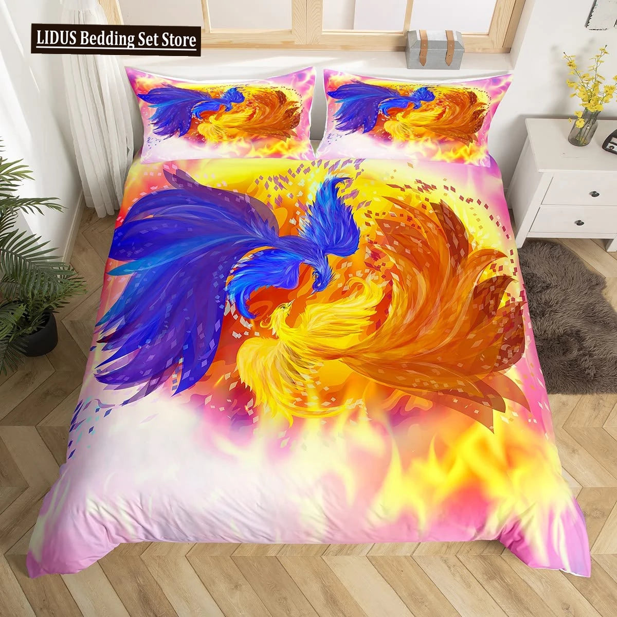 Dragon And Phoenix Duvet Cover Set Full Queen Size, Fantasy World Monster Gothic Bedding Sets Bohemian Mandala Comforter Cover Lusy Store