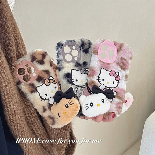 Lusy Store Luxury winter fluffy hand warmer Plush Leopard Hello Kitty phone case for iPhone 16 15 14 13Pro Max Cartoon KT Furry Wrist Strap 