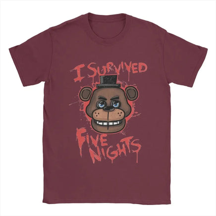 Five Nights T-Shirts for Men At Freddys Novelty Pure Cotton Tee Shirt Round Collar Short Sleeve Plus Size Clothes Burgundy