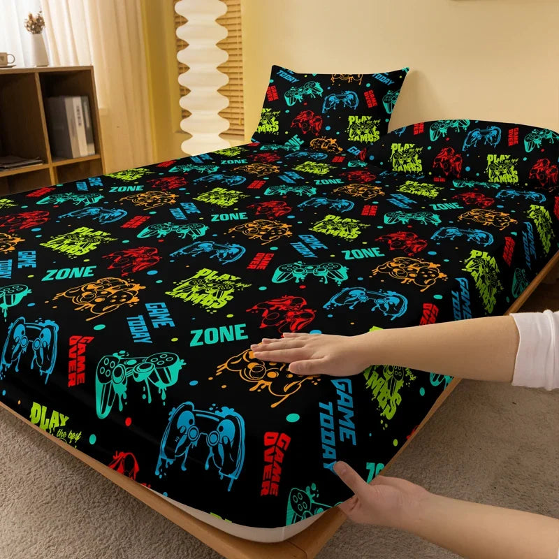 Lusy Store 1 Cartoon Fun Game  Printed Matte Fitted Sheet, Bedroom Printed Bed Cover, Bedding (Excluding Pillowcases) 
