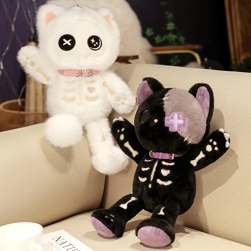 Lusy Store LLC Black White Kitten Scary Darkness Skeleton Cartoon Animal Doll Plush Toy Stuffed Halloween's Days Decor Present Plush
