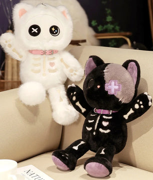 Lusy Store LLC Black White Kitten Scary Darkness Skeleton Cartoon Animal Doll Plush Toy Stuffed Halloween's Days Decor Present Plush