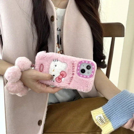 Cute Sanrio Hello Kitty Furry Plush Phone Case for iPhone 16 15 14 13 12 Pro Max