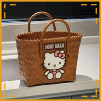 Sanrio Hello Kitty Cartoon Cute Woven Handbag Creative Kawaii Girls' Storage Bag Holiday Travel Beach Bag Gift Wholesale Hello Kitty A
