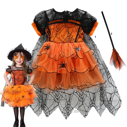 2-7Y Halloween Witch Cosplay Party Dress Cute Spider Mesh Cape Clothes Halloween Costumes for Baby Carnival Party Gifts set2