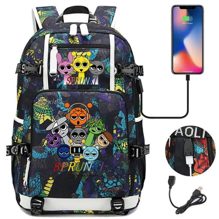 New Sprunki Print USB Boys Girls Kids Book Bags Large Capacity Teenagers Schoolbags Women Men Laptop Travel Backpack Picture Color 17 18 Inch