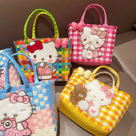 Sanrio Hello Kitty Handmade Limited Edition Sea Salt Blue College Style Kitty Cat Woven Bag For Girls Y2k Handbag Periphery