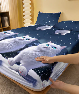 Lusy Store 1 piece of blue eyed white cat patterned matte bedsheet, bedroom printed bedspread, bedding (excluding pillowcases) 