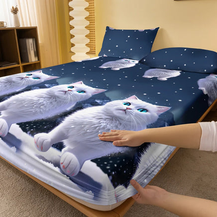 Lusy Store 1 piece of blue eyed white cat patterned matte bedsheet, bedroom printed bedspread, bedding (excluding pillowcases) 