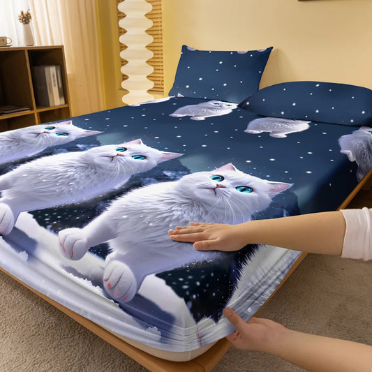 Lusy Store 1 piece of blue eyed white cat patterned matte bedsheet, bedroom printed bedspread, bedding (excluding pillowcases) 