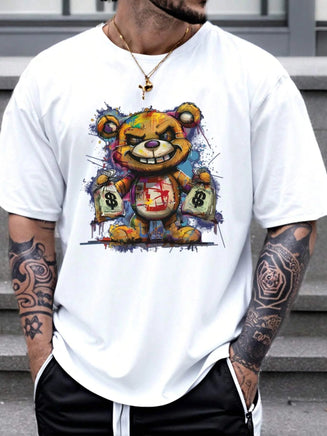 Men's 100% cotton summer loose size Cartoon Bear Pattern printed slim fit casual sports round neck short sleeved T-shirt top A0433-Bear-bai