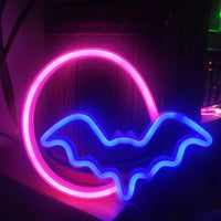 Halloween Bat Spirit LED Neon Wall Decor for Party Gift - Terrifying Atmosphere - USB or Battery Powered Moon Bat Blue Pink 0-5W